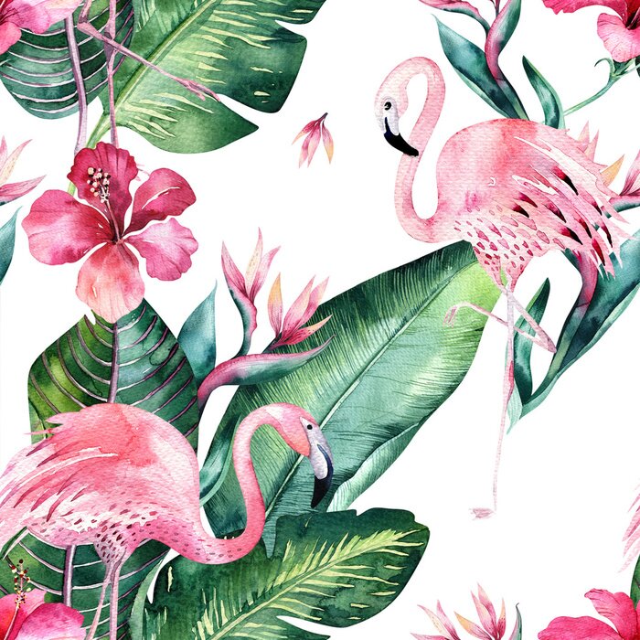 Behang Flamingo's bloemen en monstera bladeren op motief met witte achtergrond