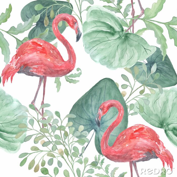 Behang Flamingo's en aquarel tropische bladeren