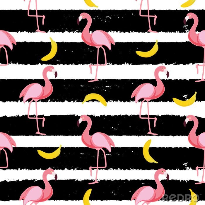 Behang Flamingo's en bananen op een gestreept patroon
