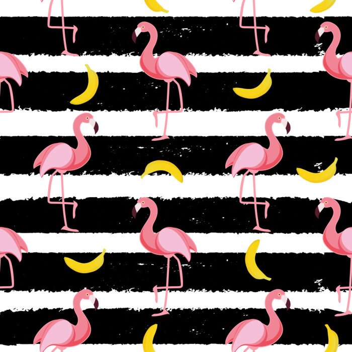 Behang Flamingo's en bananen op een gestreept patroon