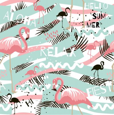 Behang Flamingo's en bladeren