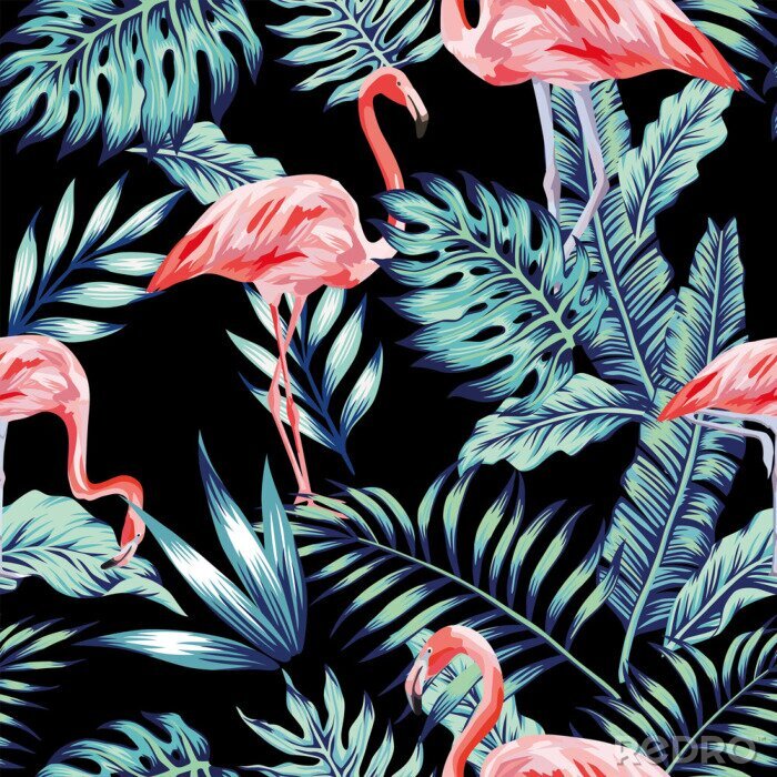 Behang Flamingo's en bladeren op een patroon met zwarte achtergrond