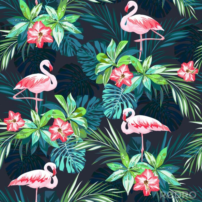 Behang Flamingo's en bloemen op een donkere achtergrond