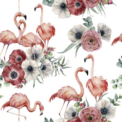 Behang Flamingo's en bloemen op een witte achtergrond