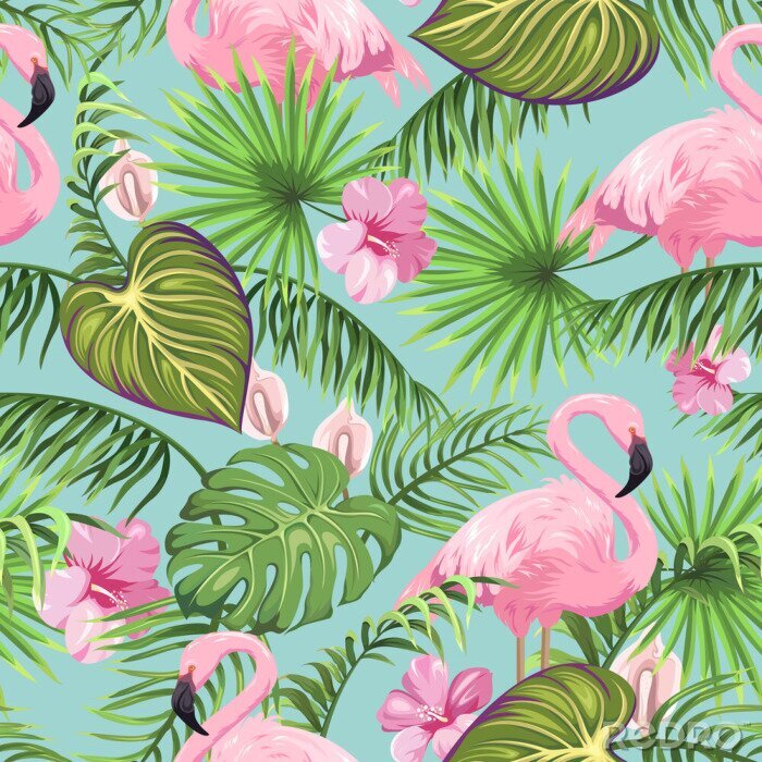 Behang Flamingo's en exotische planten op een motief met een turquoise achtergrond