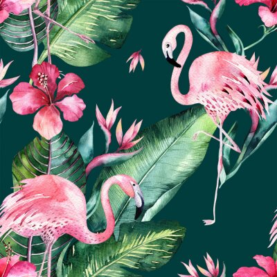 Flamingo's en monstera bladeren op motief met groene achtergrond