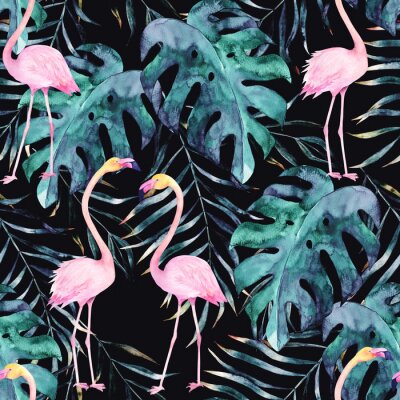Behang Flamingo's en monsterabladeren op een zwarte achtergrond