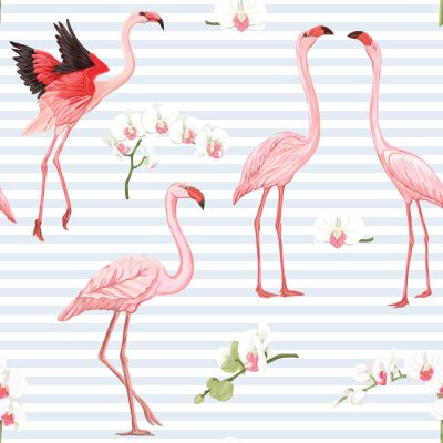 Behang Flamingo's en orchideeën op een gestreepte achtergrond