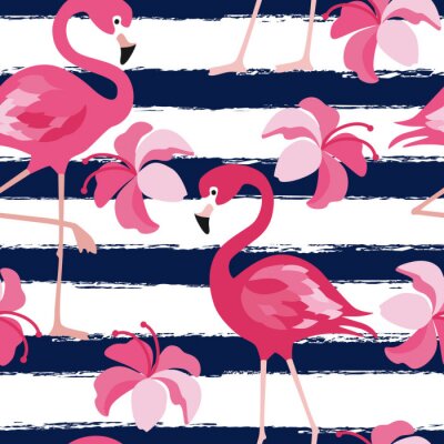 Behang Flamingo's en roze bloemen op een gestreepte achtergrond