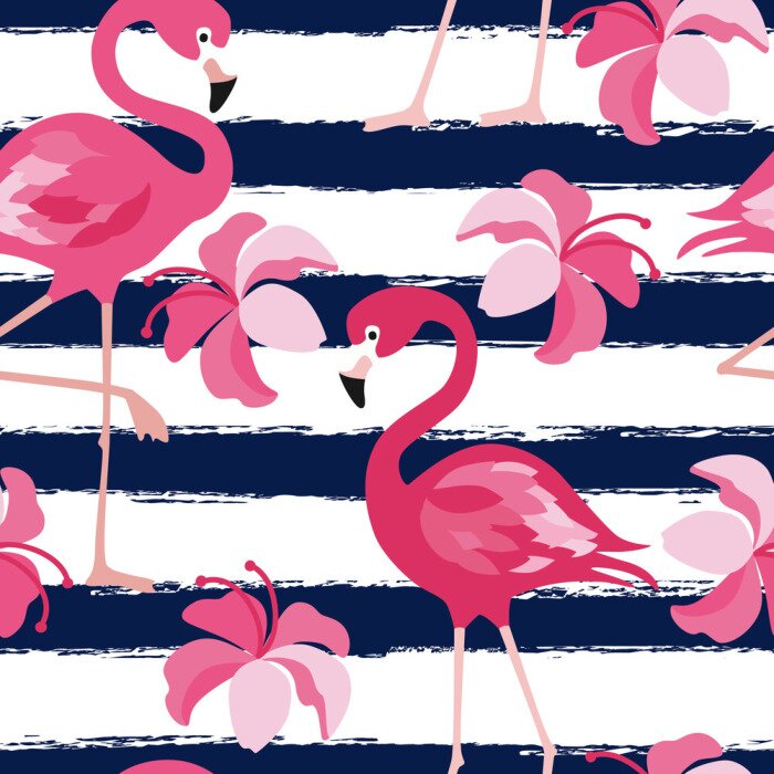 Behang Flamingo's en roze bloemen op een gestreepte achtergrond