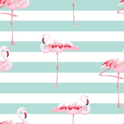 Behang Flamingo's en witte en groene horizontale strepen