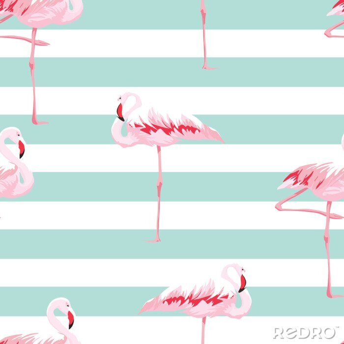 Behang Flamingo's en witte en groene horizontale strepen