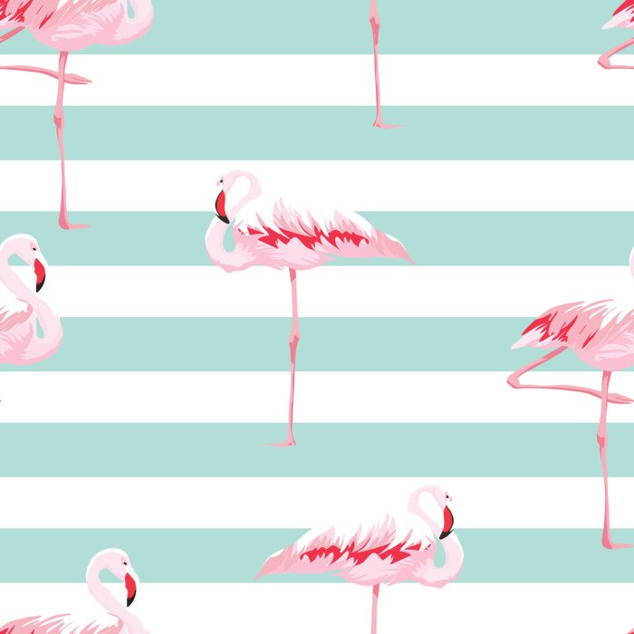 Behang Flamingo's en witte en groene horizontale strepen