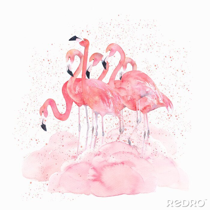 Behang Flamingo's geschilderd met waterverf