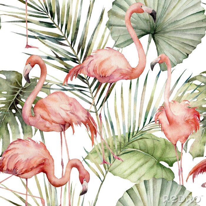 Behang Flamingo's op een achtergrond van tropische bladeren geschilderd met waterverf