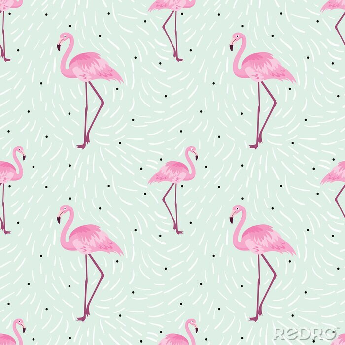 Behang Flamingo's op een gedessineerde groene achtergrond