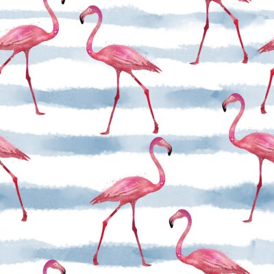 Behang Flamingo's op een gestreept patroon