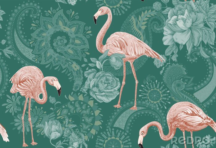 Behang Flamingo's op een groene achtergrond