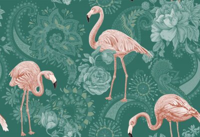 Behang Flamingo's op een groene achtergrond