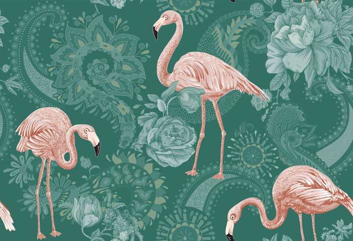 Behang Flamingo's op een groene achtergrond