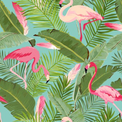 Behang Flamingo's op grote groene bladeren