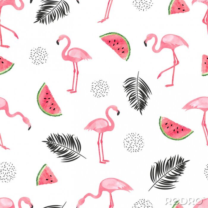 Behang Flamingo's tussen watermeloenen en bladeren