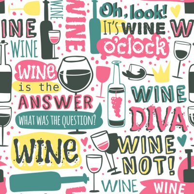 Behang Flessen en glazen wijn naadloos patroon tekst vector illustratie.