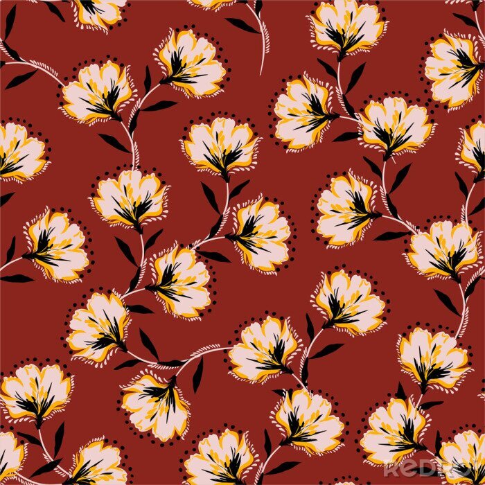 Behang Floral bouquet vector pattern with blooming retro flowers seamless pattern in vector EPS10 ,Design for fashion ,fabric,web,wallpaper,wrapping