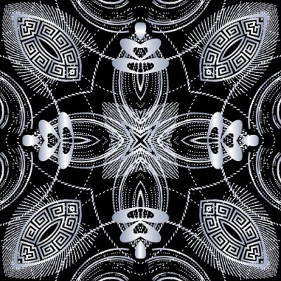 Behang Floral greek vector seamless pattern. Abstract background with grunge 3d flowers, halftone shapes, greek key, meanders, lines. Beautiful modern greek key ornament. Decorative textured dirty design