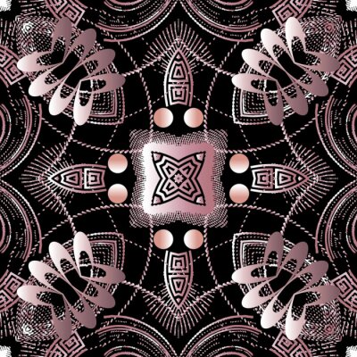 Behang Floral greek vector seamless pattern. Abstract background with grunge 3d flowers, halftone shapes, greek key, meanders, lines. Rough modern greek key ornaments. Decorative textured dirty design