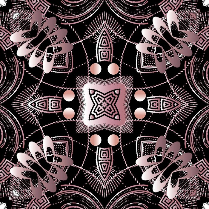 Behang Floral greek vector seamless pattern. Abstract background with grunge 3d flowers, halftone shapes, greek key, meanders, lines. Rough modern greek key ornaments. Decorative textured dirty design