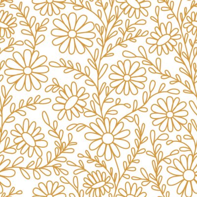 Behang Floral pattern. Chamomiles. Seamless pattern gold outline on a white background