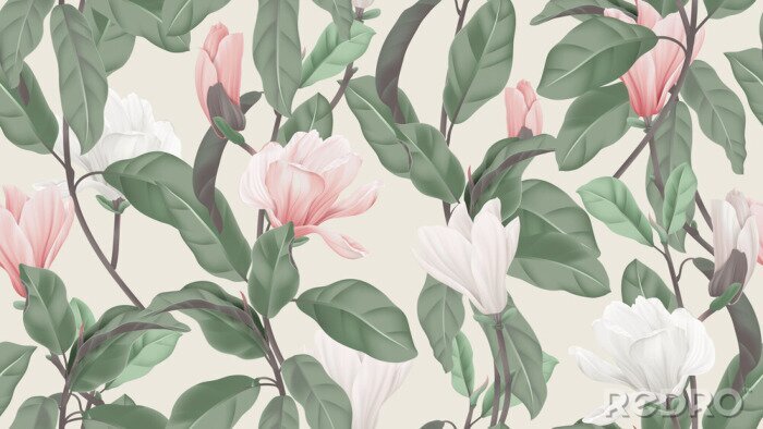 Behang Floral seamless pattern, pink and white Anise magnolia flowers and leaves on light brown, pastel vintage theme