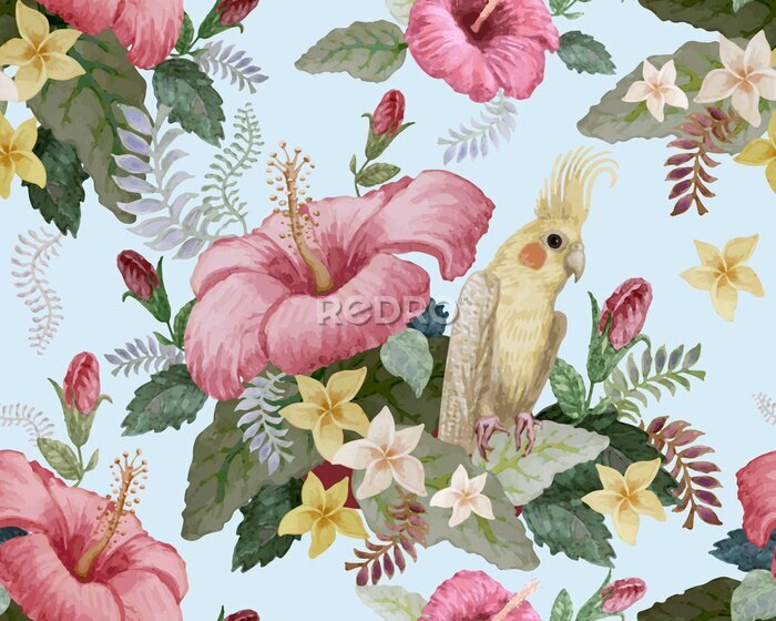 Behang Floral seamless pattern. Pink hibiscus and frangipani flowers, yellow Australian parakeet, fantasy tropical foliage on a light blue background. Wallpaper, batik paint, chintz design