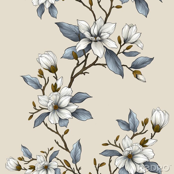 Behang 
Floral seamless pattern with blooming magnolia