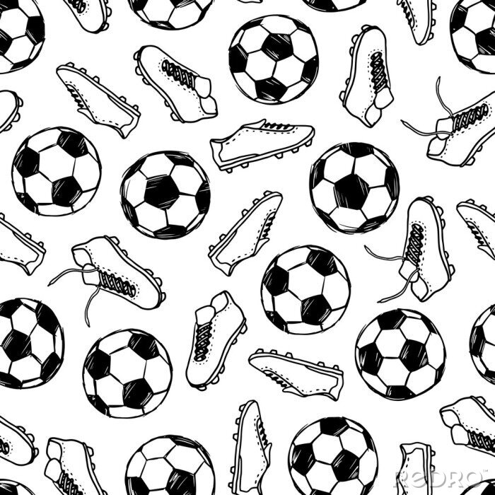 Behang Football Soccer balls and boots doodle seamless pattern. Vector illustration background. For print, textile, web, home decor, fashion, surface, graphic design