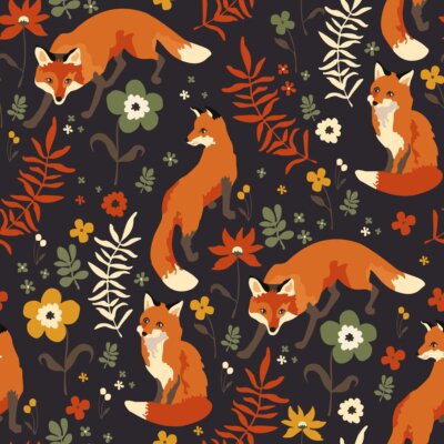 Behang foxes walk in grass and flowers