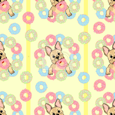 Behang Franse bulldog honden en kleurrijke donuts