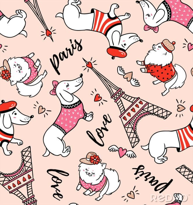 Behang Franse stijl hond naadloze patroon op roze achtergrond. Leuke cartoon Parijse teckel en Eiffel toren vectorillustratie. Franse stijl geklede hond met rode baret.