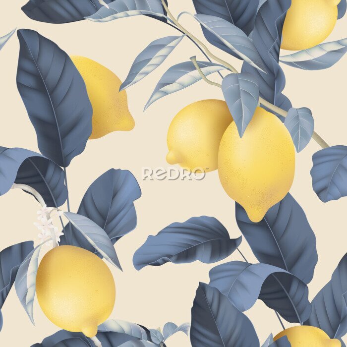 Behang Fruit seamless pattern, pastel lemons and blue leaves on bright brown