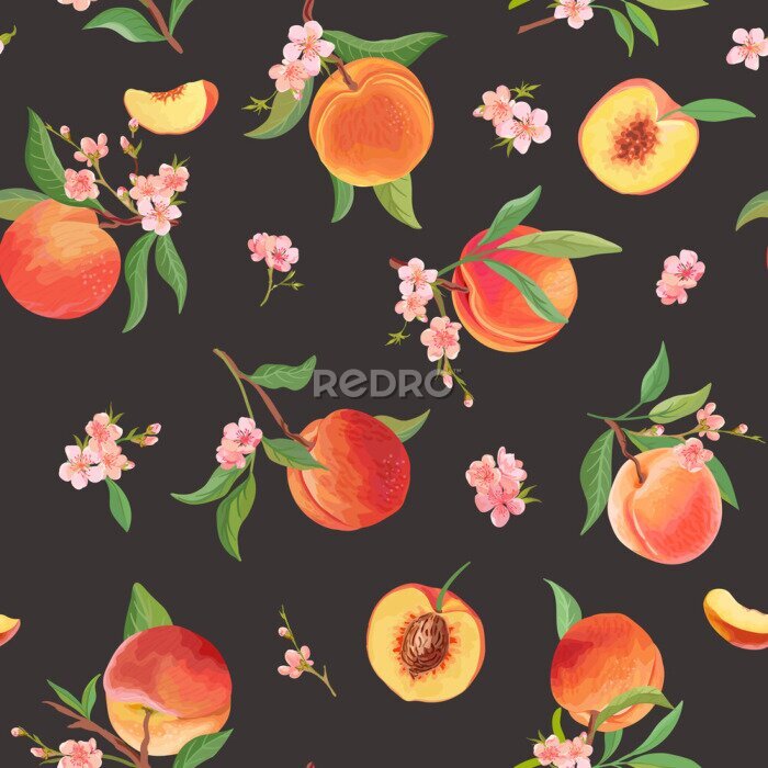 Behang Fruitig perzik patroon