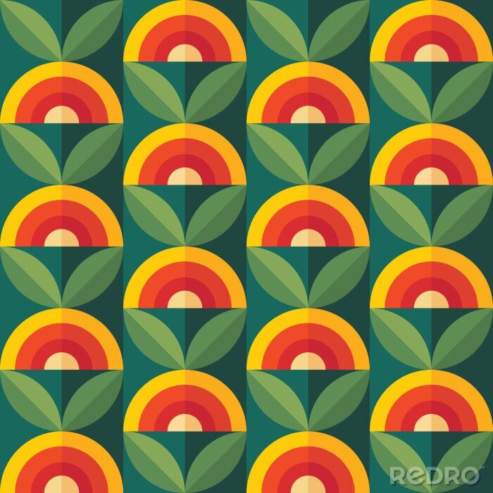 Behang Fruits and leaves nature background. Mid-century modern art vector. Abstract geometric seamless pattern. Decorative ornament in retro vintage design flat style. Floral backdrop.