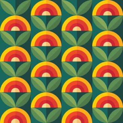 Behang Fruits and leaves nature background. Mid-century modern art vector. Abstract geometric seamless pattern. Decorative ornament in retro vintage design flat style. Floral backdrop.
