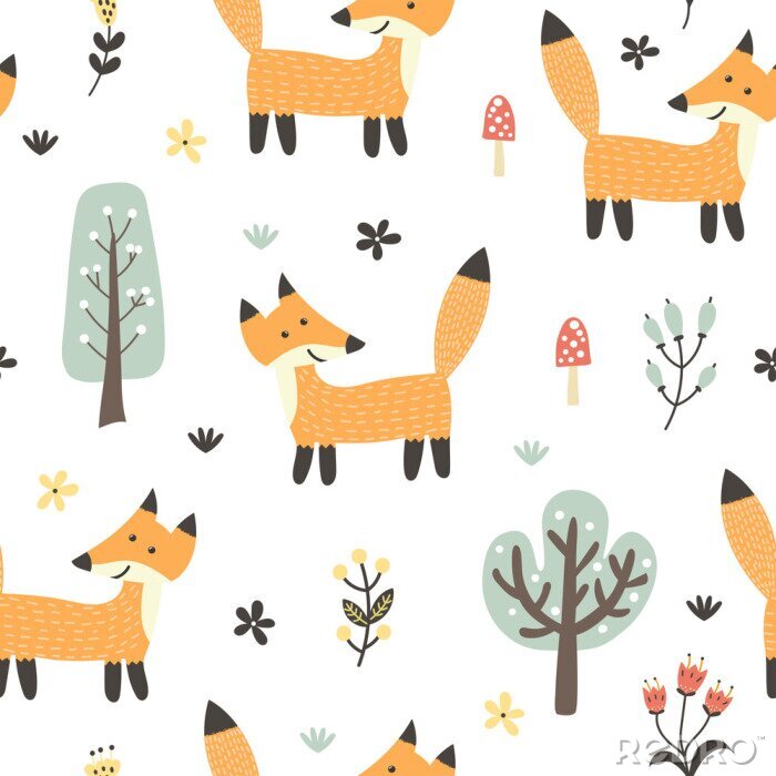 Behang Funny fox seamless pattern. Forest background in childish style