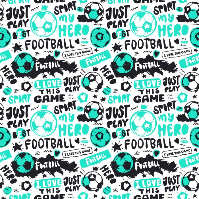 Behang Funny Seamless Pattern with soccer balls and text for children. Grunge style, doodle, short hand written phrases. Sports background. Text: just play, i love this game, hero..