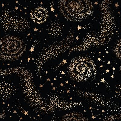 Behang Galaxy seamless black pattern with gold nebula, constellations and stars