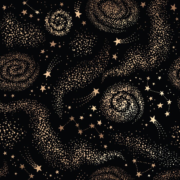 Behang Galaxy seamless black pattern with gold nebula, constellations and stars