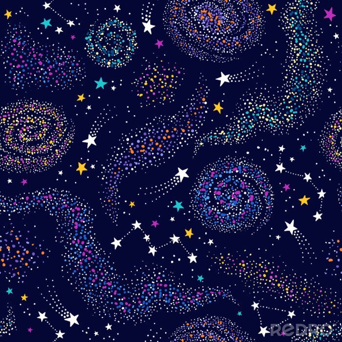 Behang Galaxy seamless deep violet pattern with colorful nebula, constellations and stars