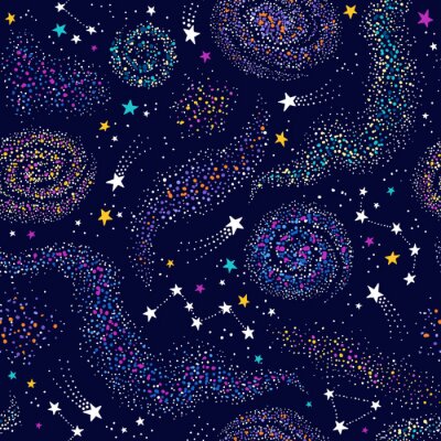Behang Galaxy seamless deep violet pattern with colorful nebula, constellations and stars