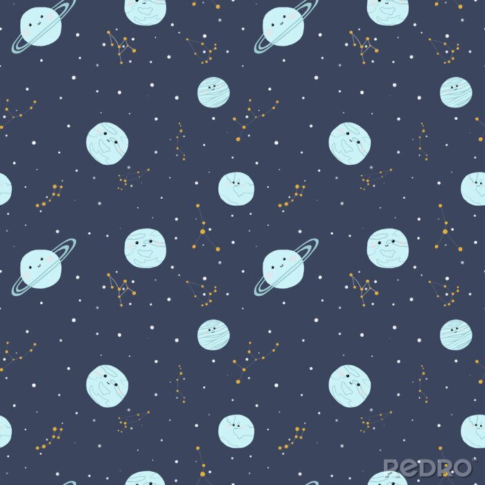 Behang Galaxy space cute planets seamless vector pattern stars